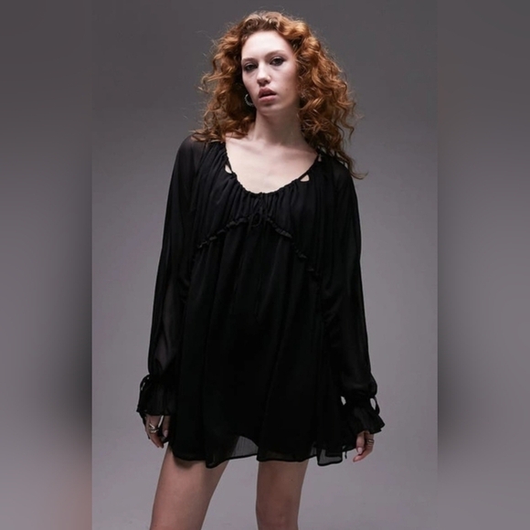 Topshop Cutout Tie Neck Long Sleeve Shift Dress In Black Size 6 Oversized - Picture 1 of 8